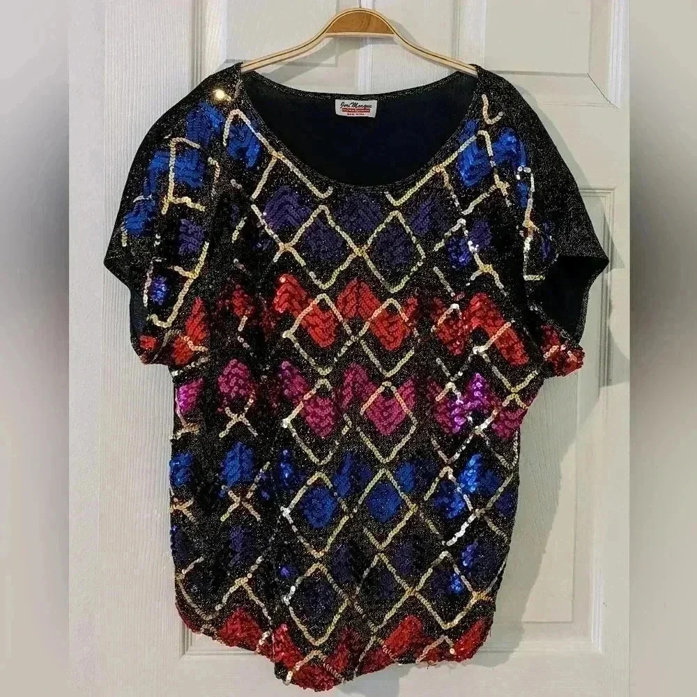 C'MON SPORTSWEAR by JERI MARQUE Vintage Sequin Top‎ S Sparkle Stretch Sz. L/XL